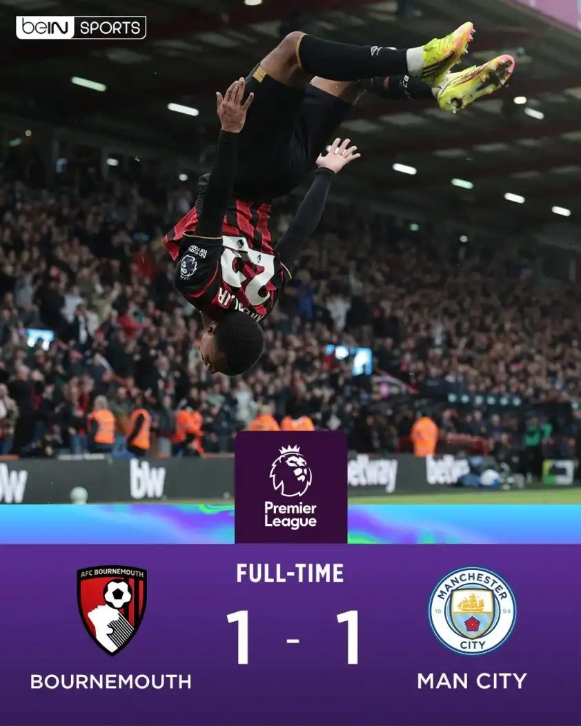 Man City chỉ có được 1 điểm trên sân of Bournemouth Man City chỉ có được 1 điểm trên sân của Bournemouth (Ảnh: Bein Sports)